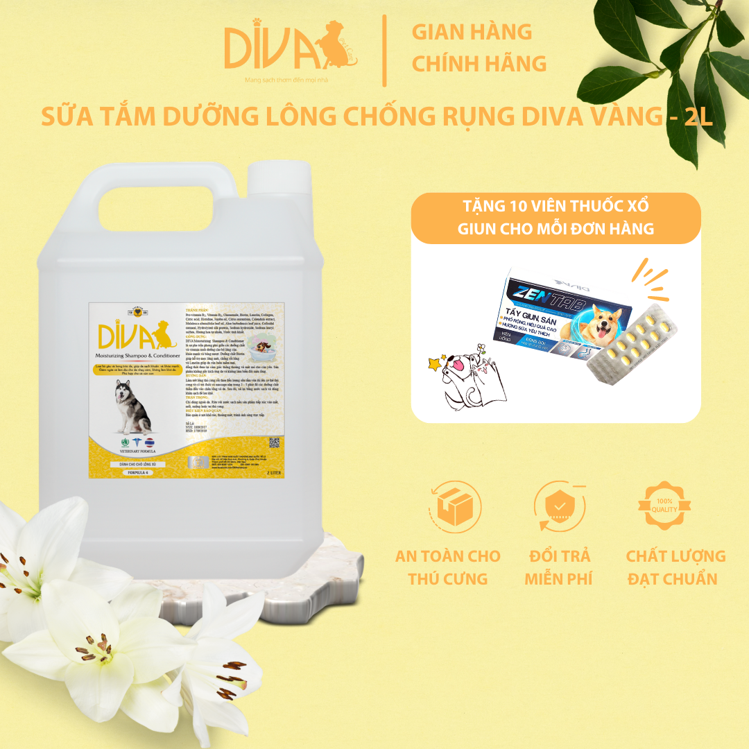 SỮA TẮM CHÓ DƯỠNG LÔNG GIẢM RỤNG DIVA VÀNG 2L