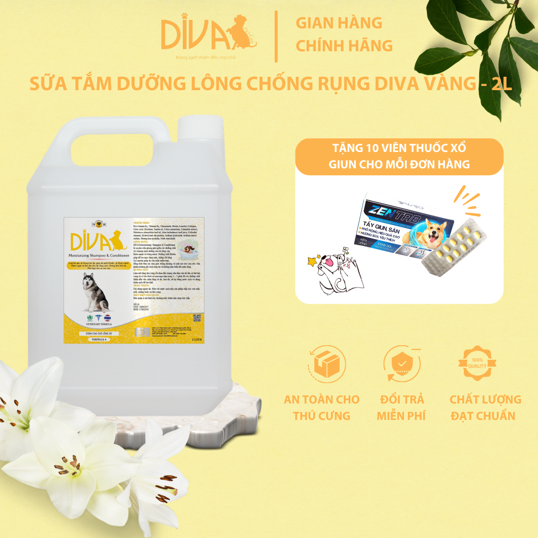 SỮA TẮM CHÓ DƯỠNG LÔNG GIẢM RỤNG DIVA VÀNG 2L (DIVA FORMULA 4)