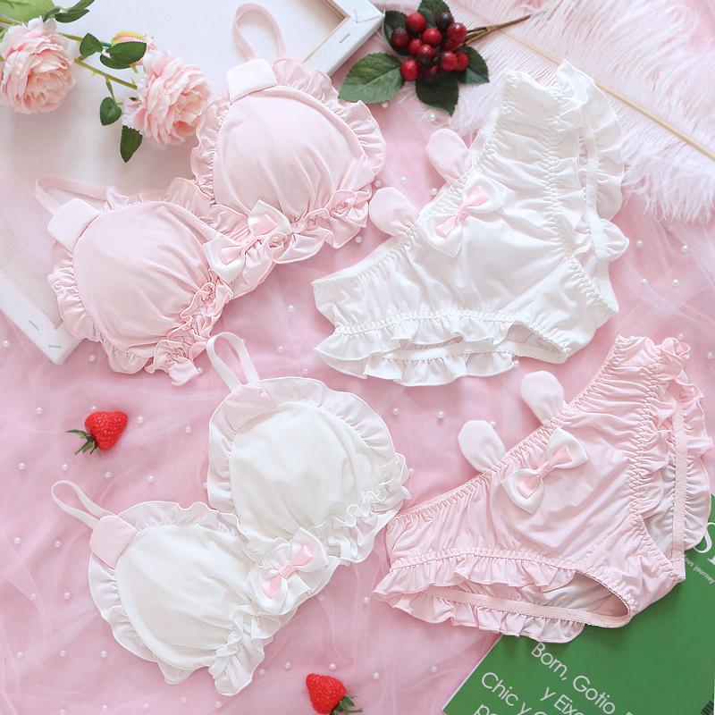 Nhật Bản Dễ Thương Lolita Kawaii NƠ REN Trắng Bộ Đồ Lót Gợi Cảm Nữ Tai Thỏ Dễ Thương Quần Lót Áo Ngực Nữ & Quần Lót bộ Áo Ngực