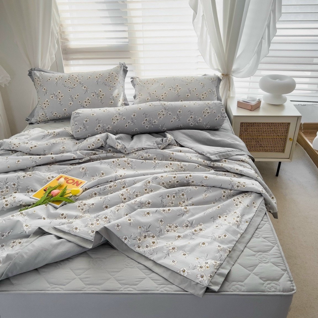 Bộ chăn ga gối cotton đũi chần bông 5 món nhập khẩu