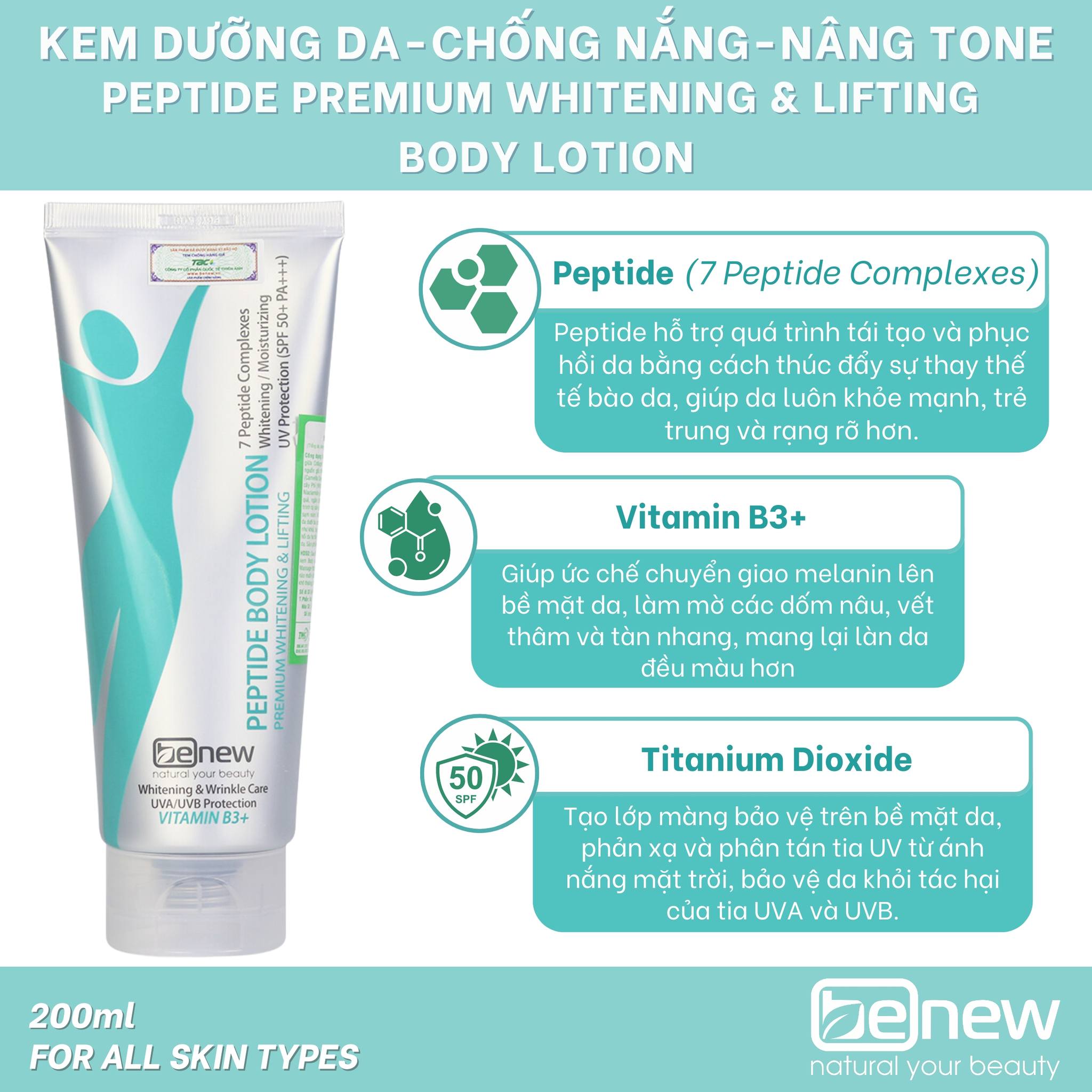 Kem Body Benew Peptide ban ngày dưỡng trắng, chống nắng, nâng tone, nâng cơ da - BENEW Peptide Premium Whitening &amp; Lifting Body Lotion 200ml