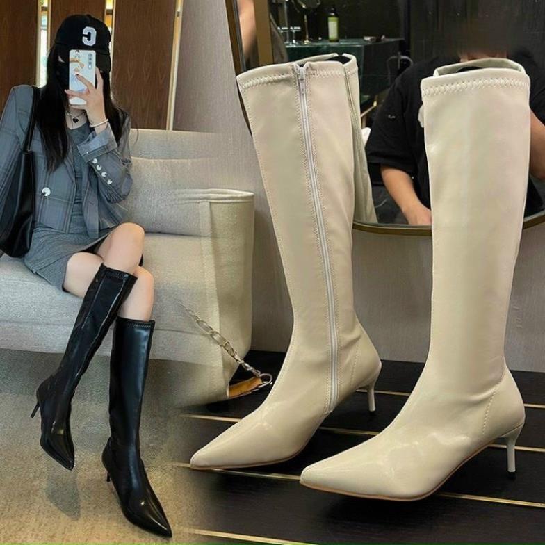 Hàng cao cấp Boots đùi lót lông, Bốt dài tới gối da lì gót nhọn cao 6p (2109) sang chảnh