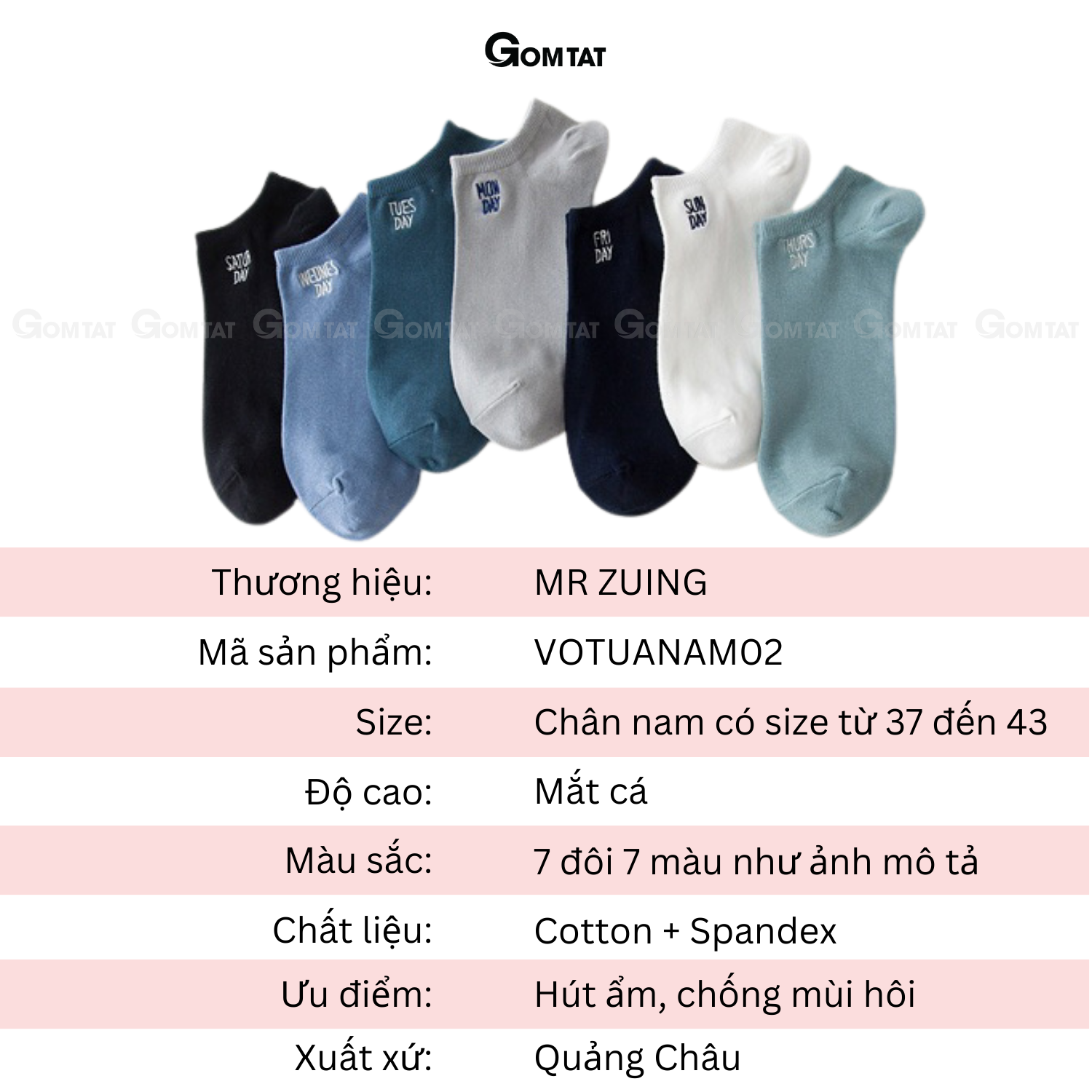 Set 7 đôi tất nam cổ ngắn chất liệu cotton cao cấp, vớ nam cổ thấp set 7 đôi sử cả tuần - VOTUNAM02