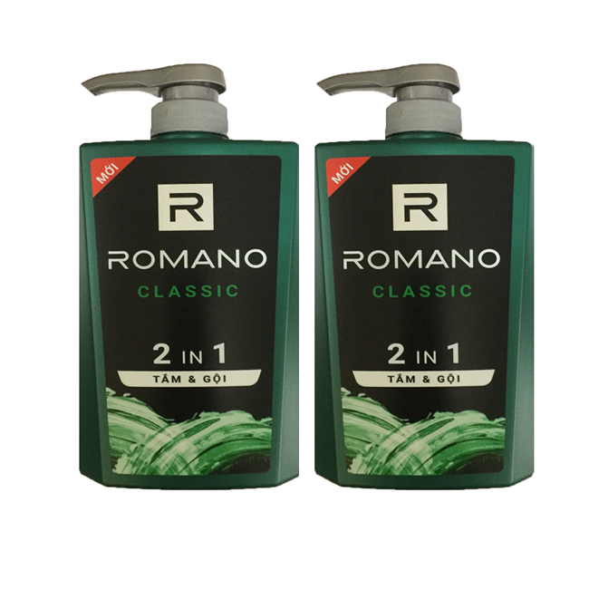 Bộ 2 Chai tắm gội 2in1 Romano Classic+Tặng 10 gói dầu gội Romano Classic
