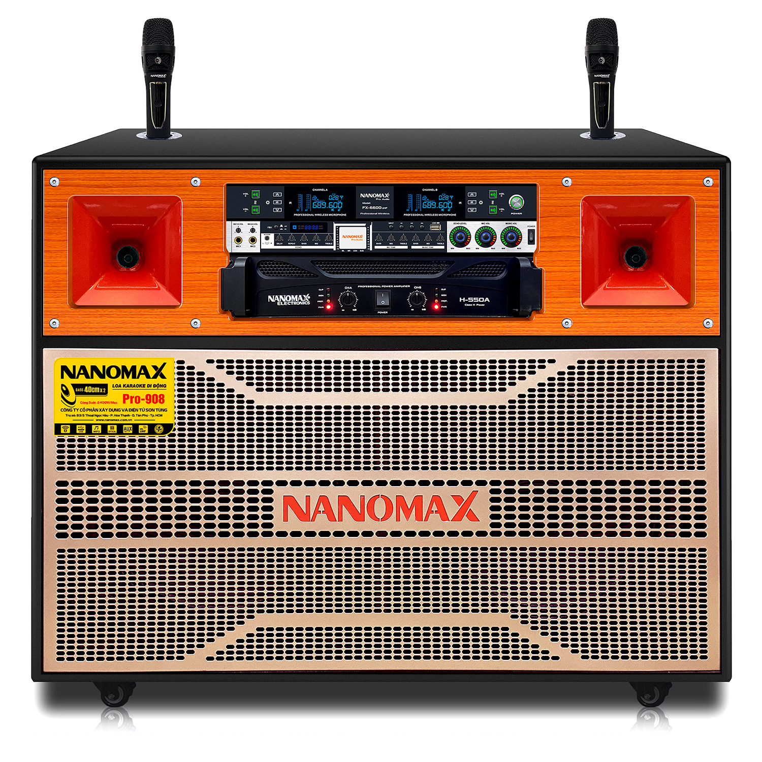 Loa Kéo Điện Bass Đôi Nanomax Pro-908 2400w Bass 40cm x2 24 Sò Karaoke Bluetooth Hàng Chính Hãng