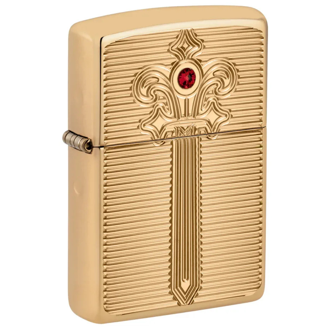 Bật Lửa Zippo Armor Royal Saber Design – Zippo High Polish Brass Khắc Sâu Deep Carve Đính Đá Ruby Chính Hãng USA