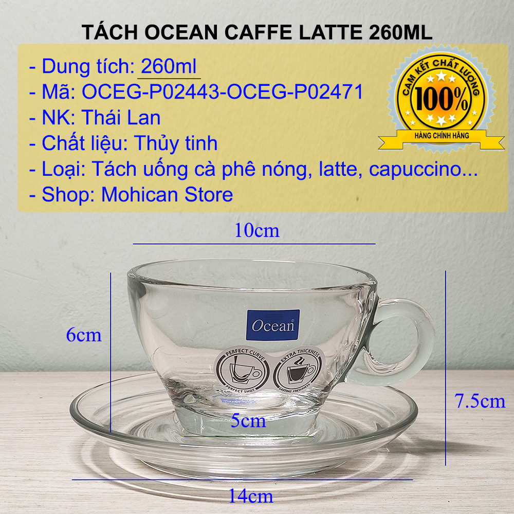Cốc thủy tinh có quai Ocean Caffe Latte Cup 260ml, ly thủy tinh Thái Lan uống trà nóng, cà phê, cappuccino OCEG-P02443