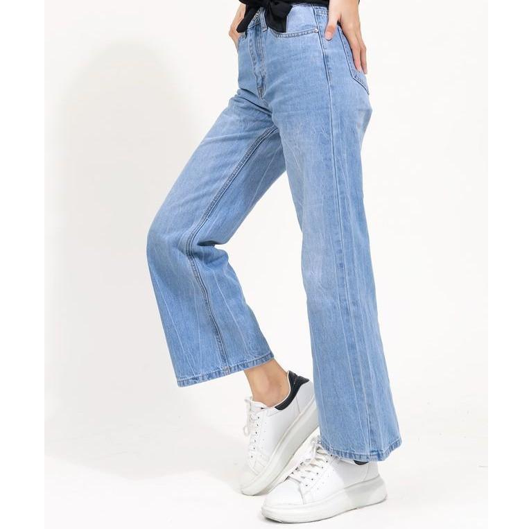 Quần jean ống suông nữ wash, lưng cao