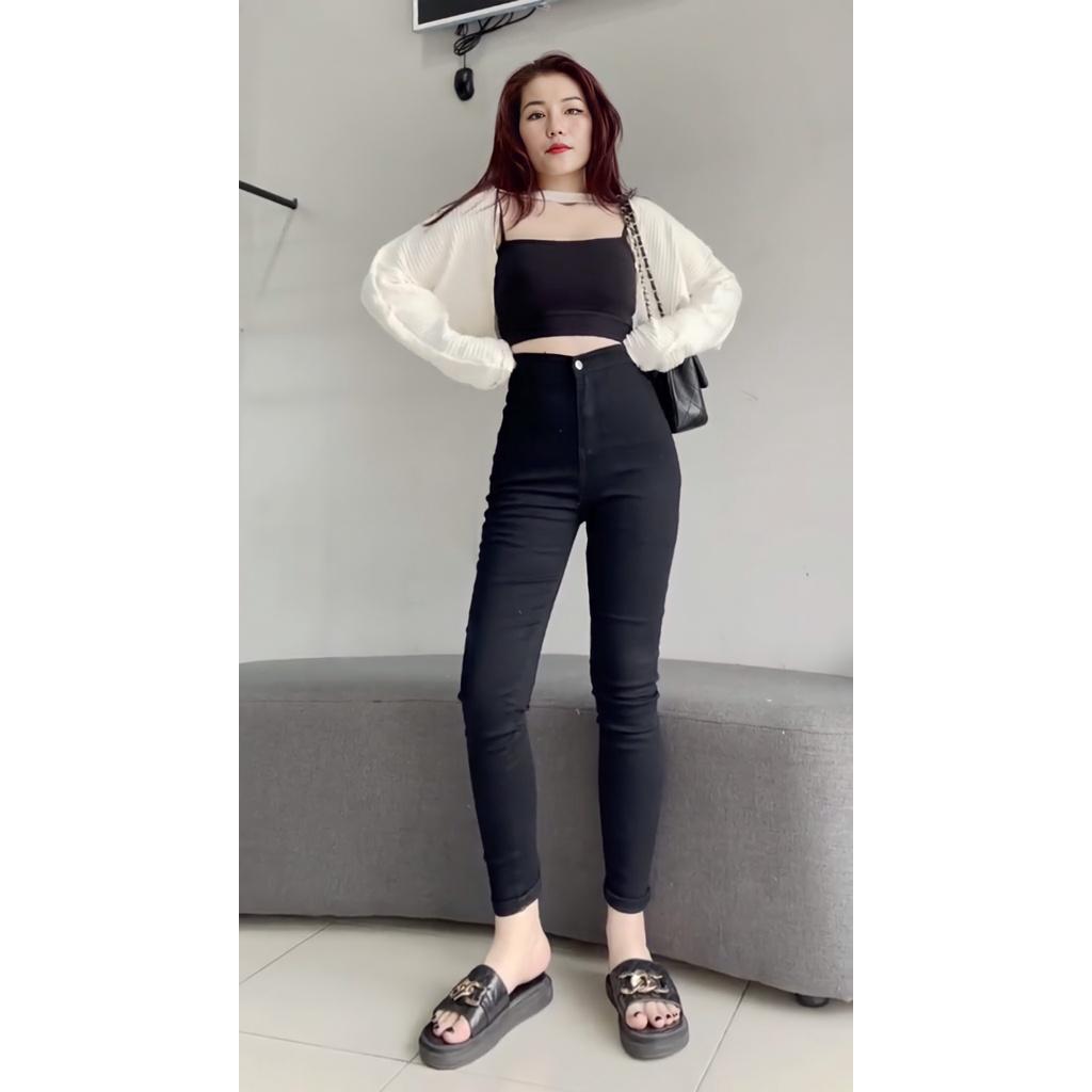 Quần jean nữ lưng cao co giãn không túi ( trắng , đen ) HDSHOP , quần bò cạp cao skinny jeans dáng ôm trơn dài