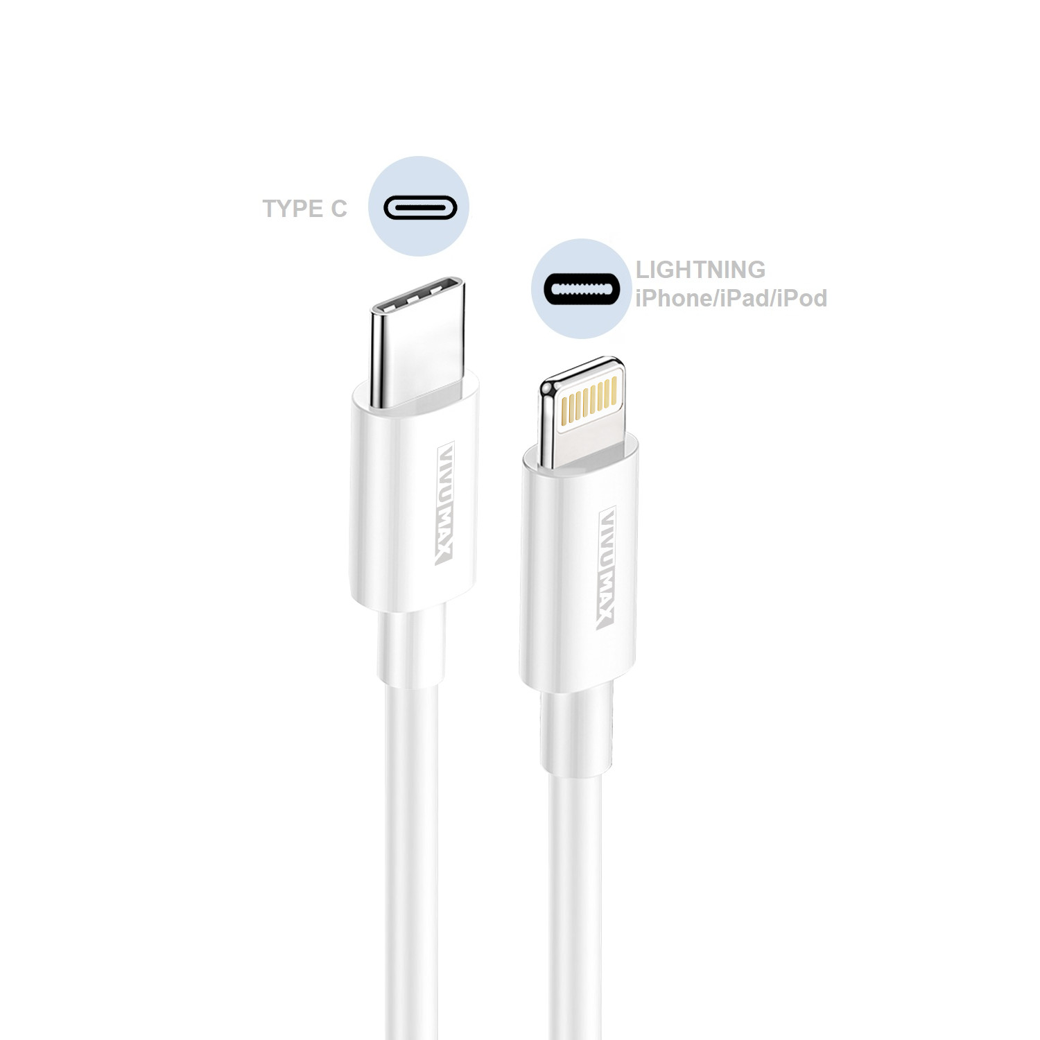 Cáp Sạc Nhanh Vivumax I12 dành cho IPhone/IPad/Airpod (Cáp USB Type C  đầu ra Lightning), dài 1,2m – Hàng Chính Hãng