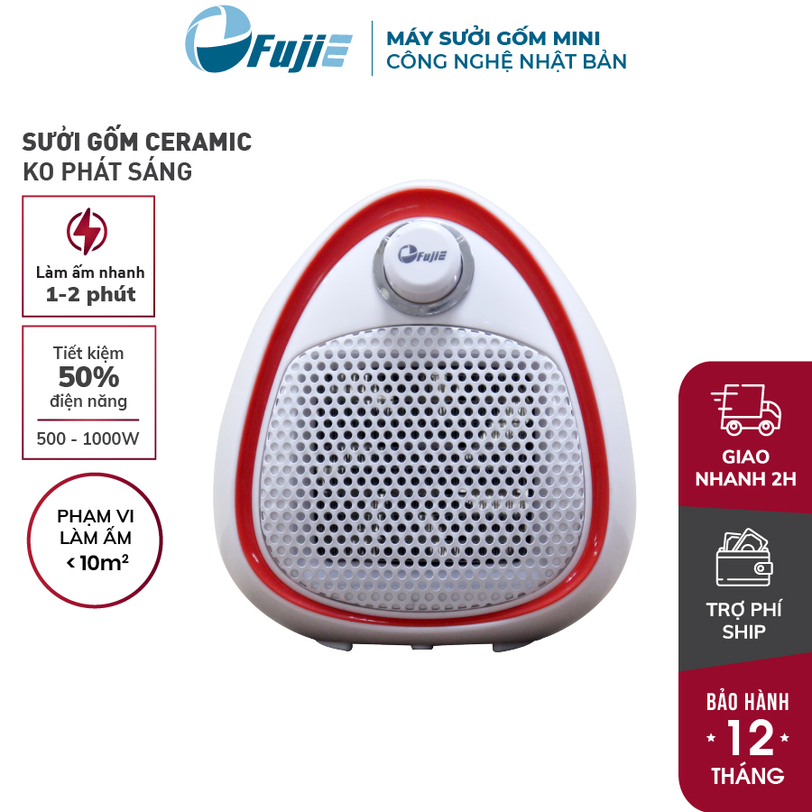 Máy Sưởi Gốm Không Khô Da Mini Nhập Khẩu Fujie Ch - 202, Quạt Sưởi Ceramic Không Đốt Oxi, Không Phát Sáng, Làm Nóng Nhanh, Tự Ngắt An Toàn - Hàng Chính Hãng - Viền Đỏ - Red
