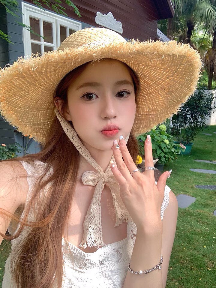 Nón cói rơm dây nơ ren vành xước vintage