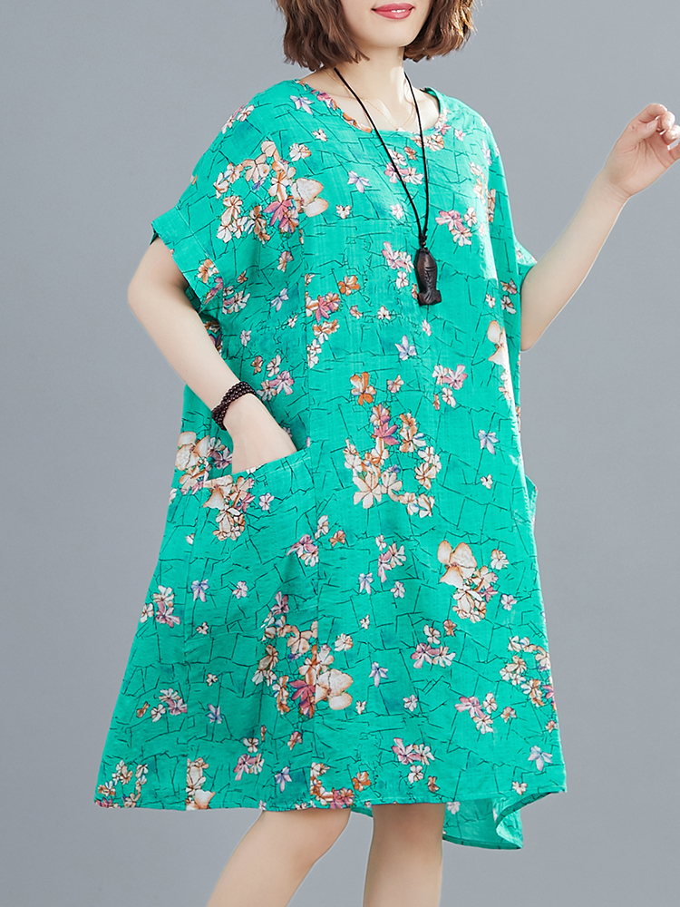 Women Loose Dress Vintage Floral Print Pockets Short Sleeve Oversized Holiday Boho Casual Shift Dress