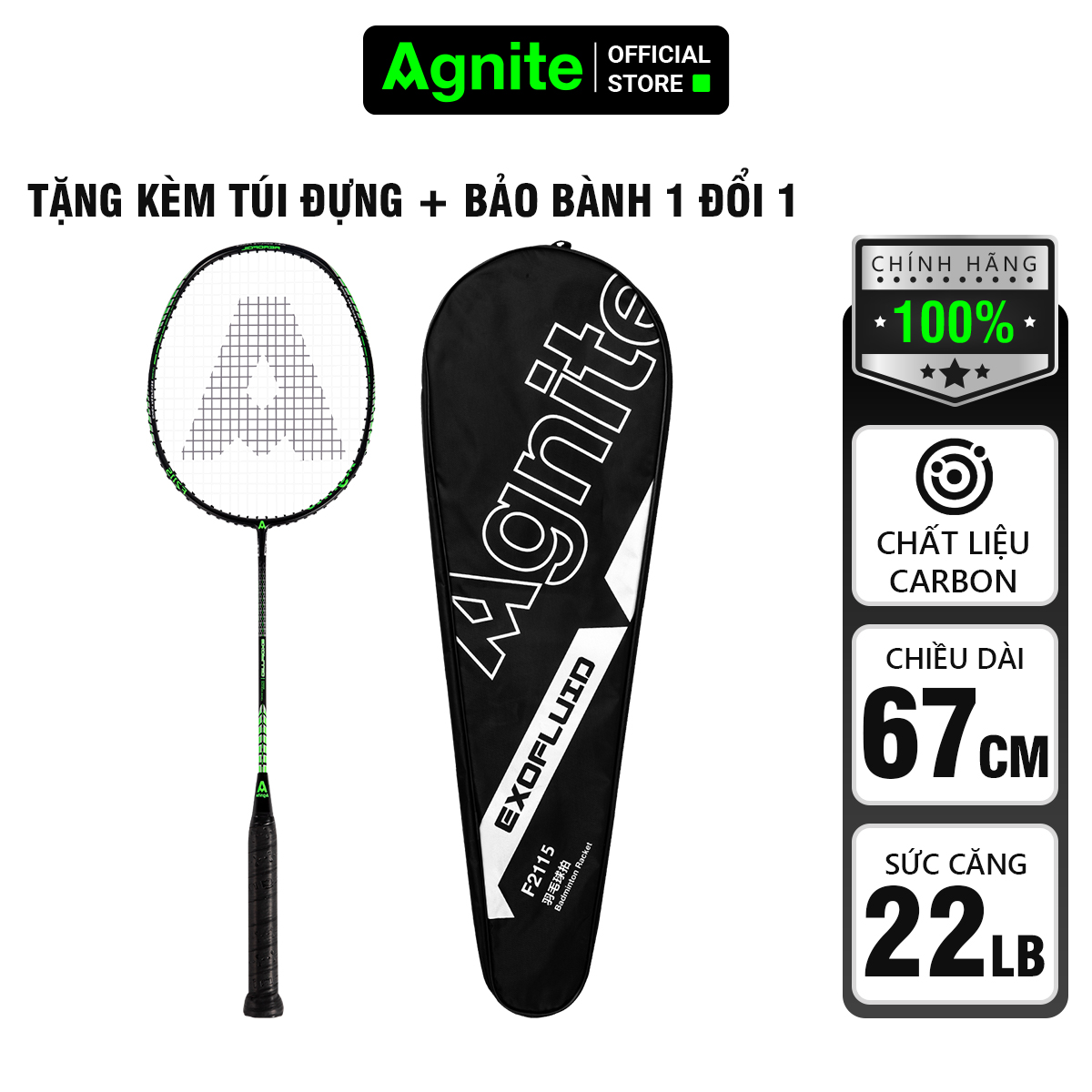 Vợt cầu lông siêu nhẹ khung carbon cao cấp Agnite - Kèm bao đựng cao cấp - 1 chiếc - Hàng chính hãng - F2115