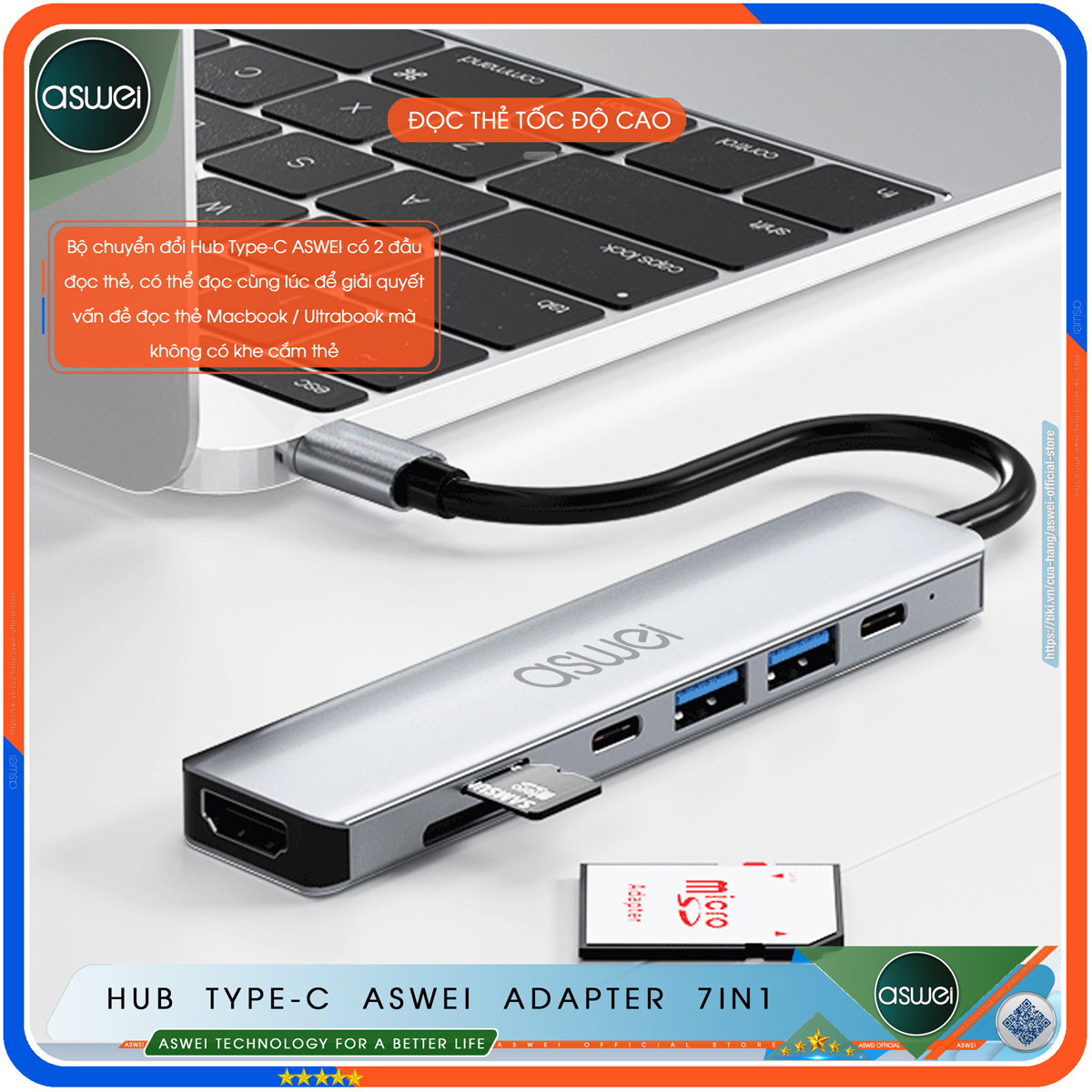 Hub Type C To HDMI ASWEI 7 in 1 Chuẩn HDTV - Hub Chuyển Đổi USB Type-C To HDMI 4K, USB 3.0, Sạc Nhanh PD 100W, USB-C, Đầu Đọc Thẻ Nhớ SD TF - Bộ Chia USB Kết Nối Tốc Độ Cao - Dành Cho Macbook, Laptop, PC, Máy Tính Bảng, Điện Thoại - Hàng Chính Hãng