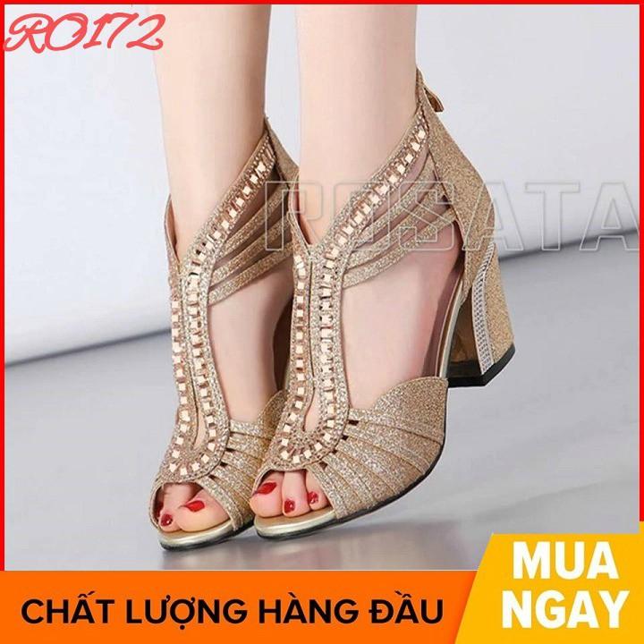 Giày sandal nữ cao gót đế cao 5 phân hàng hiệu rosata màu vàng ro172