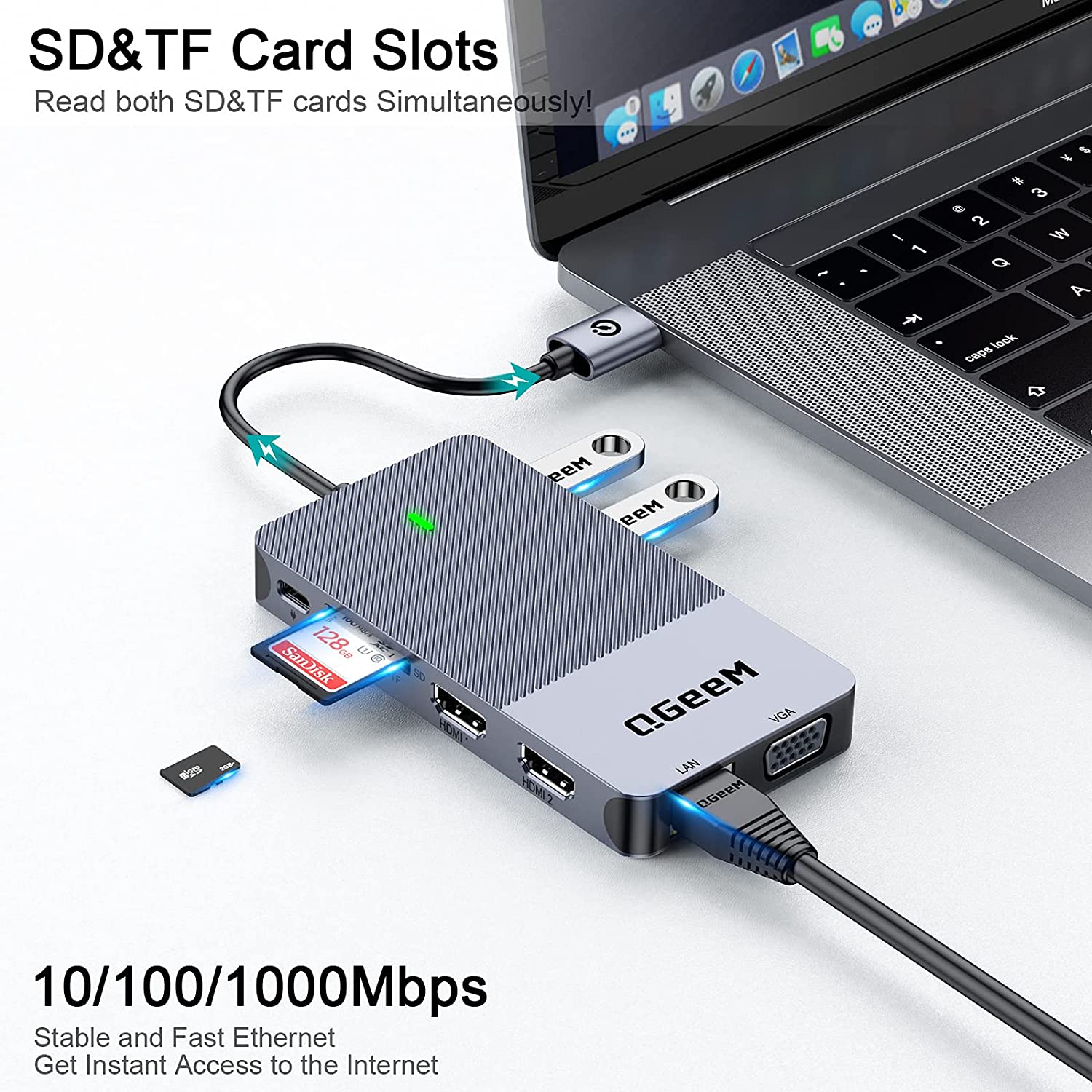 Hub mở rộng USB 3.0 QGeeM đa năng 11 trong 1 cho Macbook Pro, xuất hình ảnh ra ba mà-n hình từ USB Type C sang HDMI*2, VGA*1-Hàng chính hãng