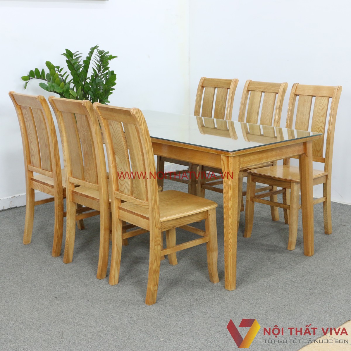 Bộ Bàn Ăn Gỗ Sồi Nga 6 Ghế Lưng Cong Mặt Kính Hiện Đại Đẹp Giá Tốt