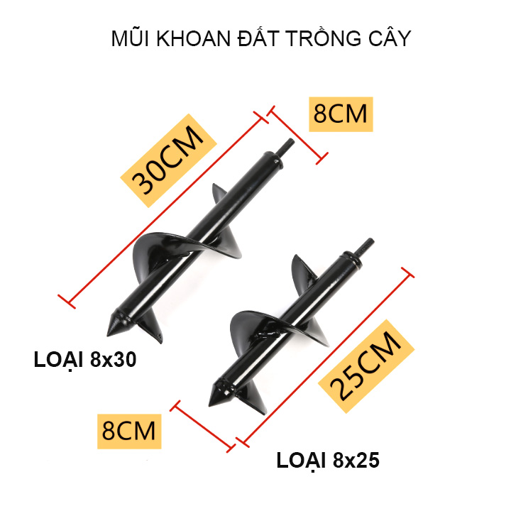 Mũi khoan đất trồng cây, loại đường kính 8-10cm, độ dài có nhiều loại cho khách lựa chọn