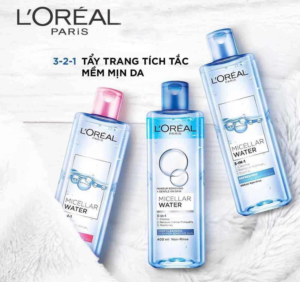 Nước tẩy trang làm sạch, dưỡng ẩm cho mọi loại da L'Oreal 3-in-1 Micellar Water 400ml