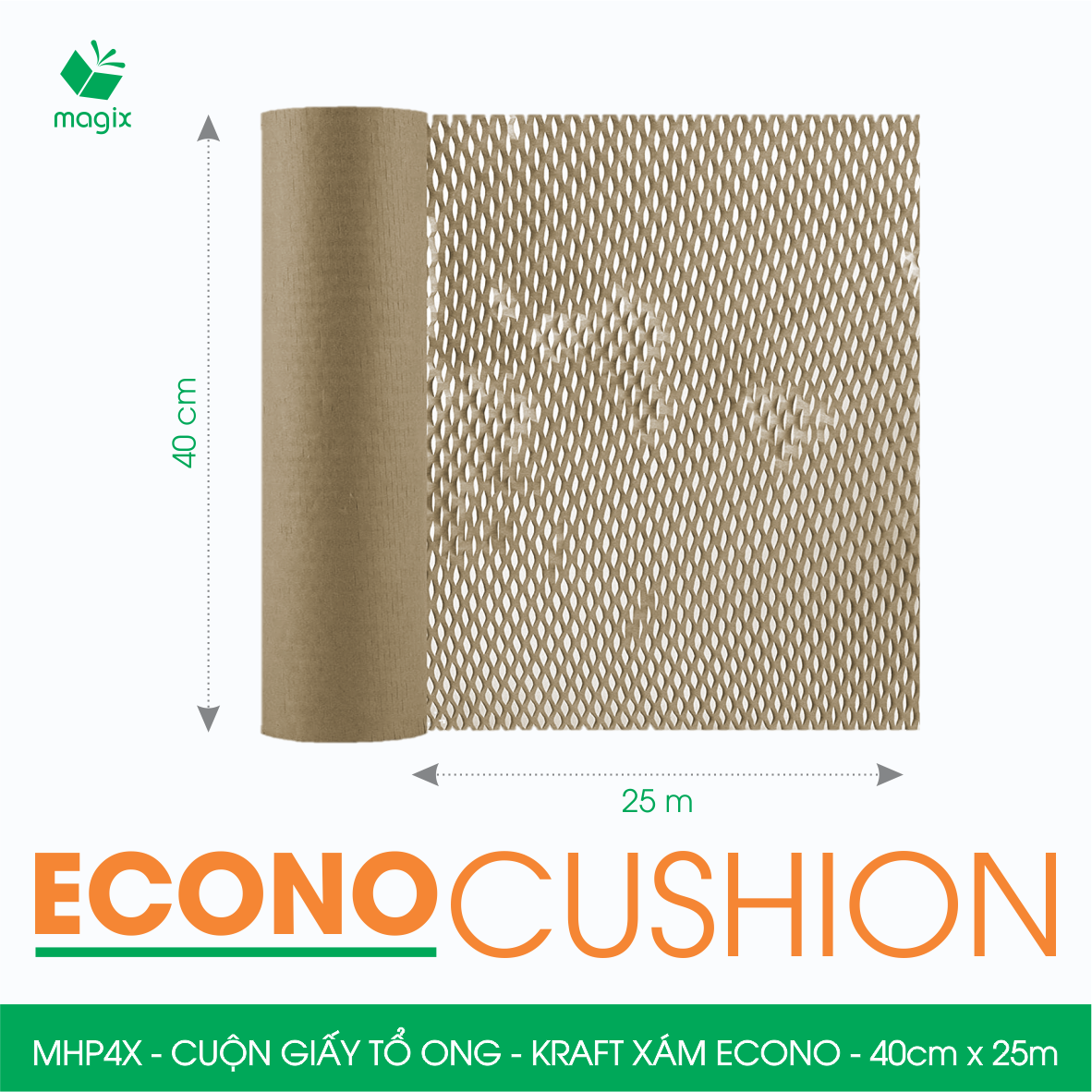 MXK4X - 40cm x 25m - Cuộn giấy tổ ong chống sốc - Kraft xám Siêu Tiết Kiệm ECONO