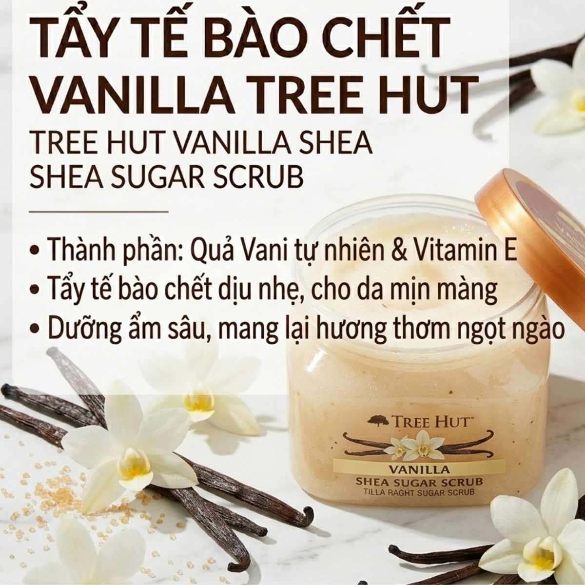 Tẩy Tế Bào Chết Cơ Thể Tree Hut Dạng Hạt 255g Hương Hoa và Vanilla Hàng Mỹ Cao Cấp Dưỡng Da Mềm Mịn
