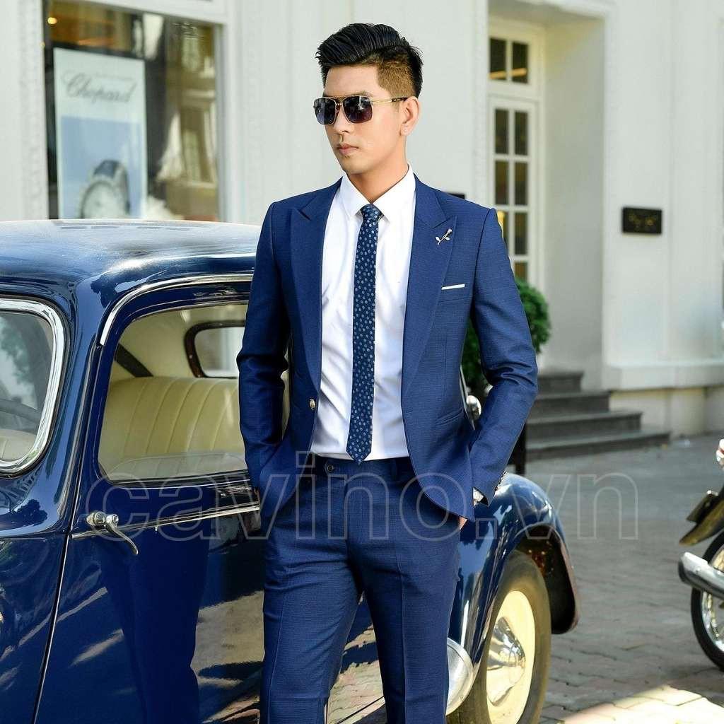 Bộ vest nam xanh navy kẻ nhỏ cao cấp CAVINO 711