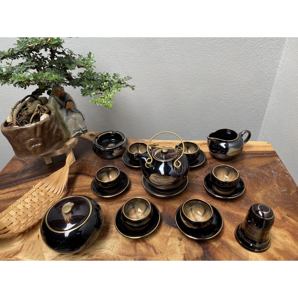 Bộ ấm chén đánh chỉ vàng men hỏa biến - Gốm Bát Tràng - Làng Gốm