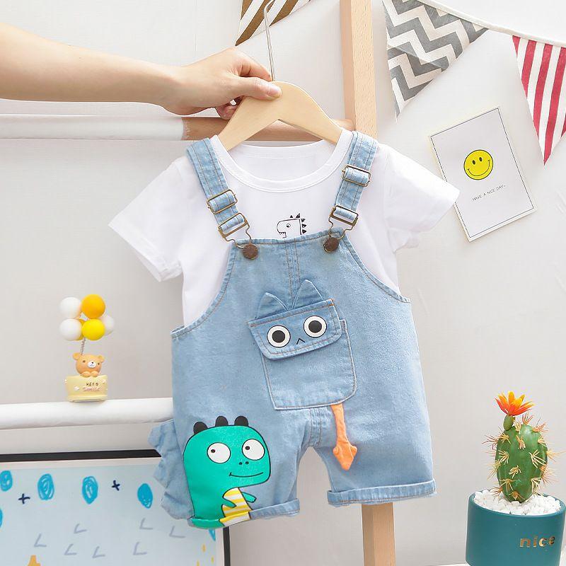 Bộ quần áo bé trai quần yếm trẻ em (0-4 tuổi) hình khủng long-Set áo thun cotton ngắn tay+quần yếm