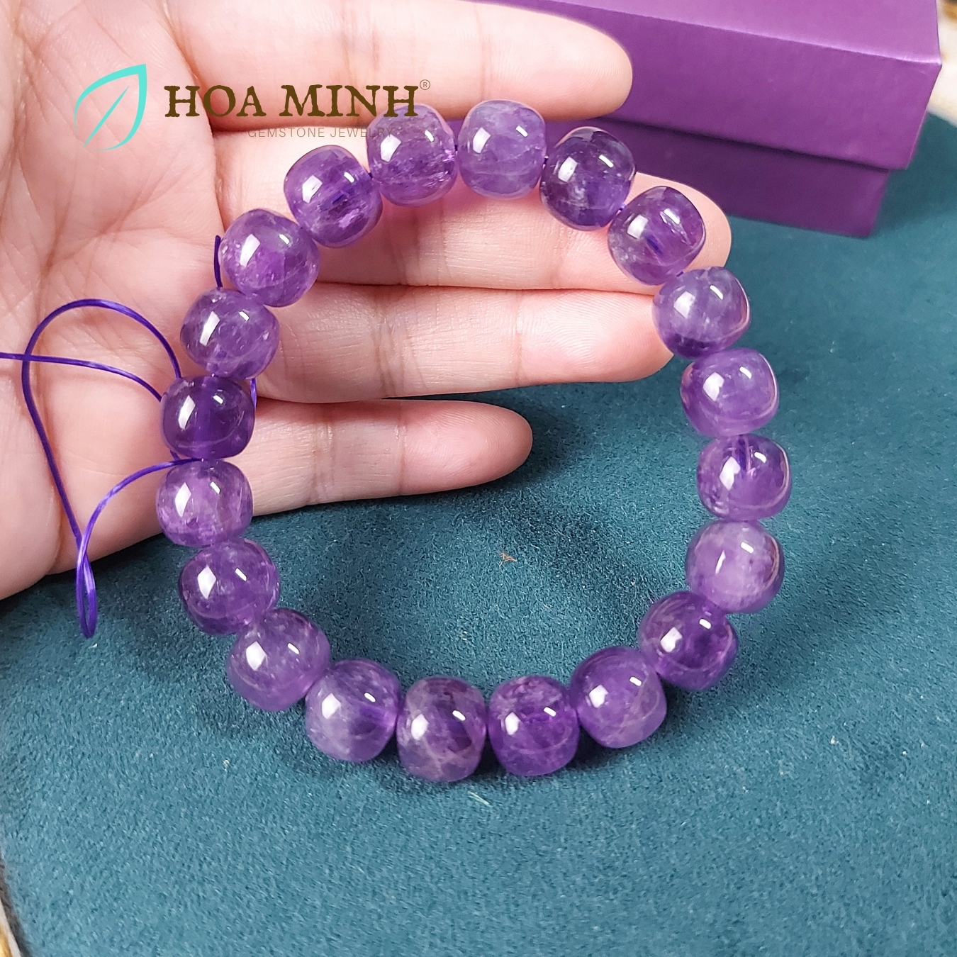 Vòng tay đá Thạch Anh Tím Amethyst tự nhiên hạt vuông bo tròn size 11 li phong cách cổ điển, hoàng gia