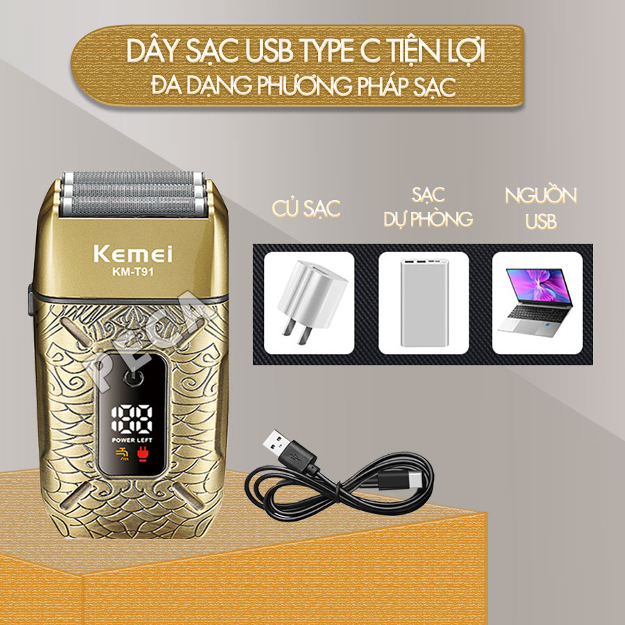 Máy cạo râu Kemei KM-T91 lưỡi nổi 3D cạo sạch nhanh, màn hình LCD, công suất mạnh mẽ 5W - Hàng chính hãng