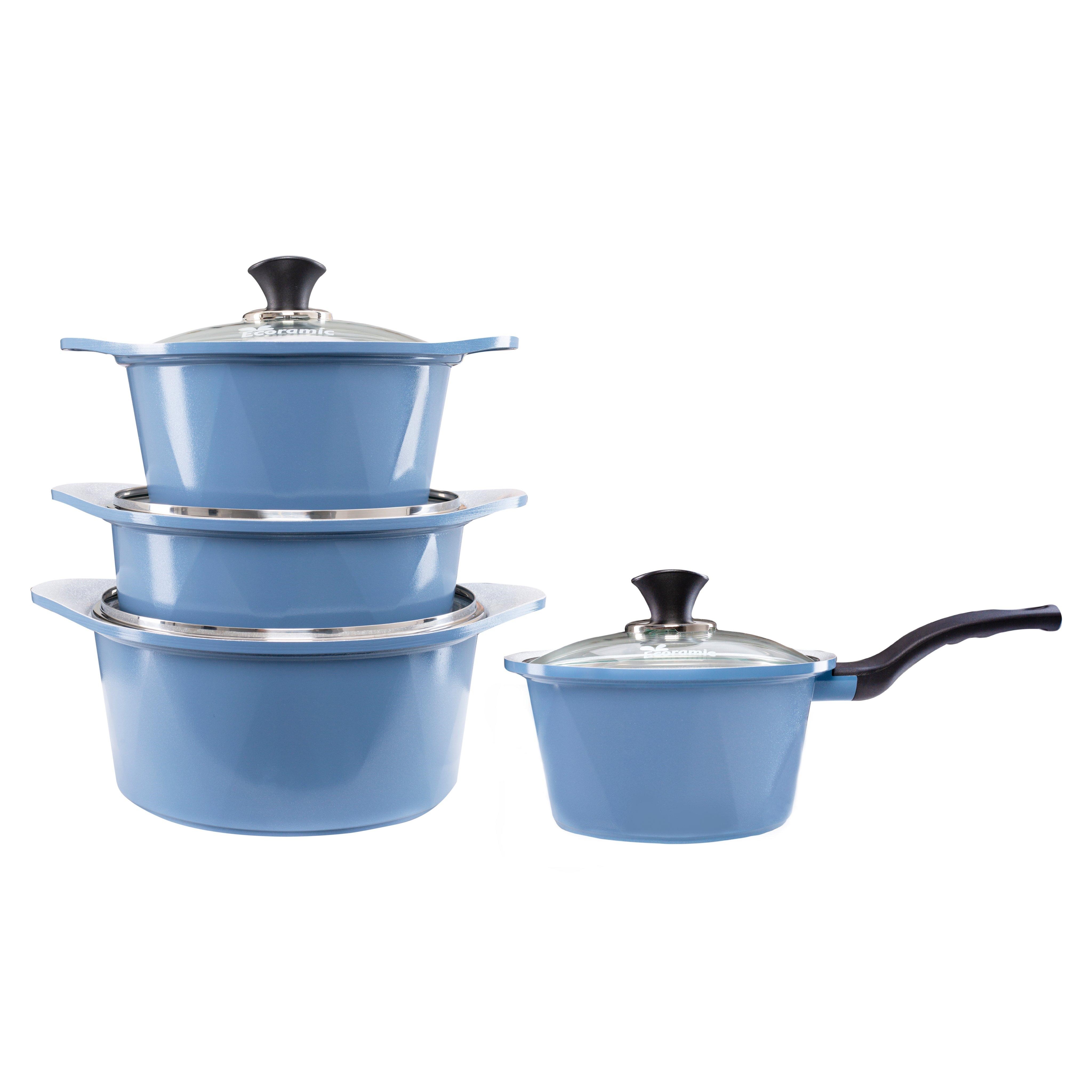 Combo 6 món cao cấp, nồi đúc chống dính ceramic Hàn Quốc đế từ xanh size 18-20-22-24cm, chảo vân đá ceramic sâu lòng size 22 cm và chảo vân đá cạn 26cm màu xanh đế từ(dùng được tất cả các bếp, kể cả bếp từ) - Hàng chính hãng