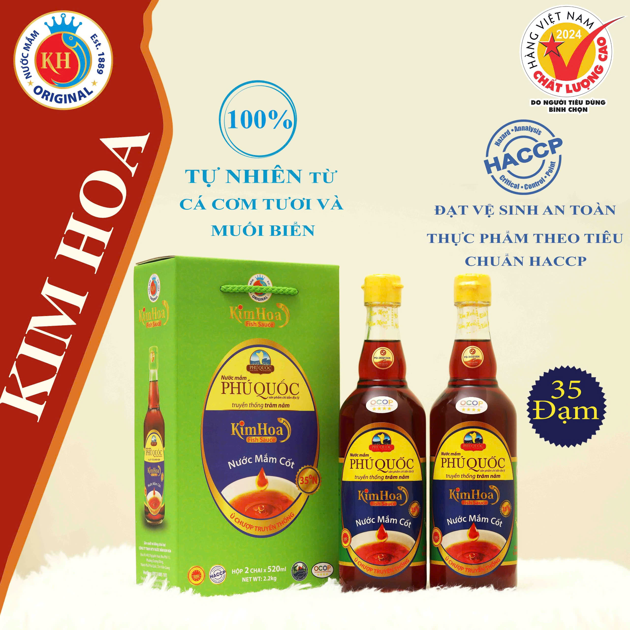 Nước Mắm Cốt Kim Hoa Phú Quốc 35 độ đạm Hộp 2 chai 520ml