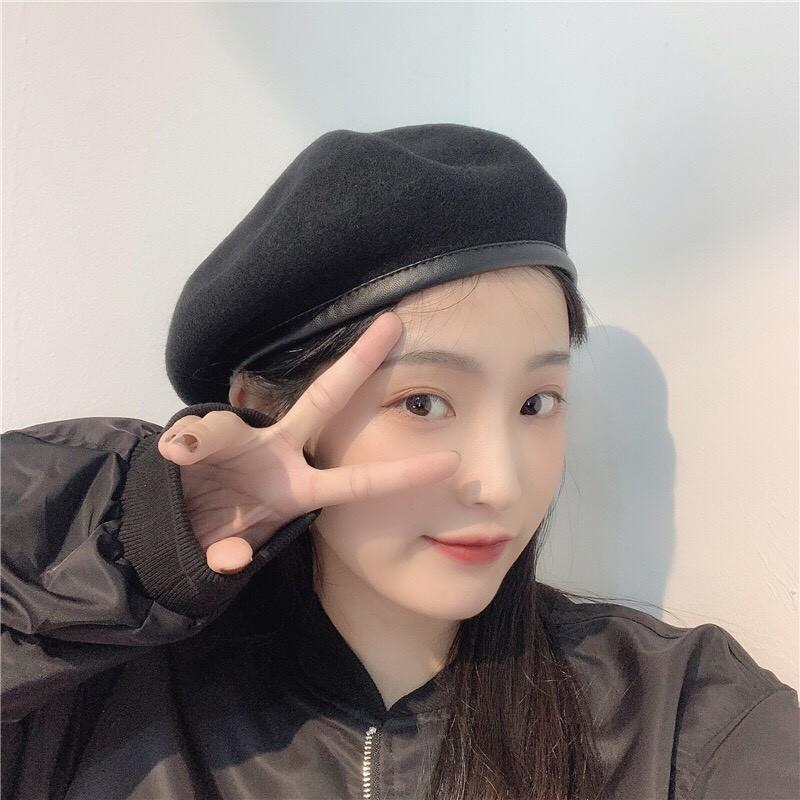 MŨ NỒI BERET NỮ, NÓN NỒI MŨ ULZZANG NÓN BERET DẠ MŨ BERET VIỀN DA CÓ DÂY NỚI CHỈNH