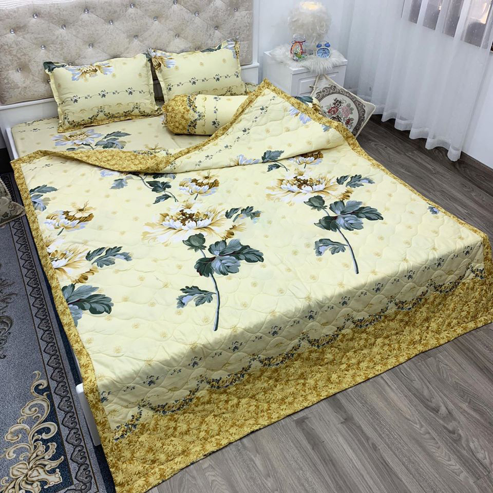 Chăn Hè Hoa Lá Hàn Quốc Siêu Nhẹ Chất Liệu Cotton Poly Thấm Hút Mồ Hôi Thoáng Mát, Mền Chần Bông 3 Lớp Mẫu Cúc Vàng