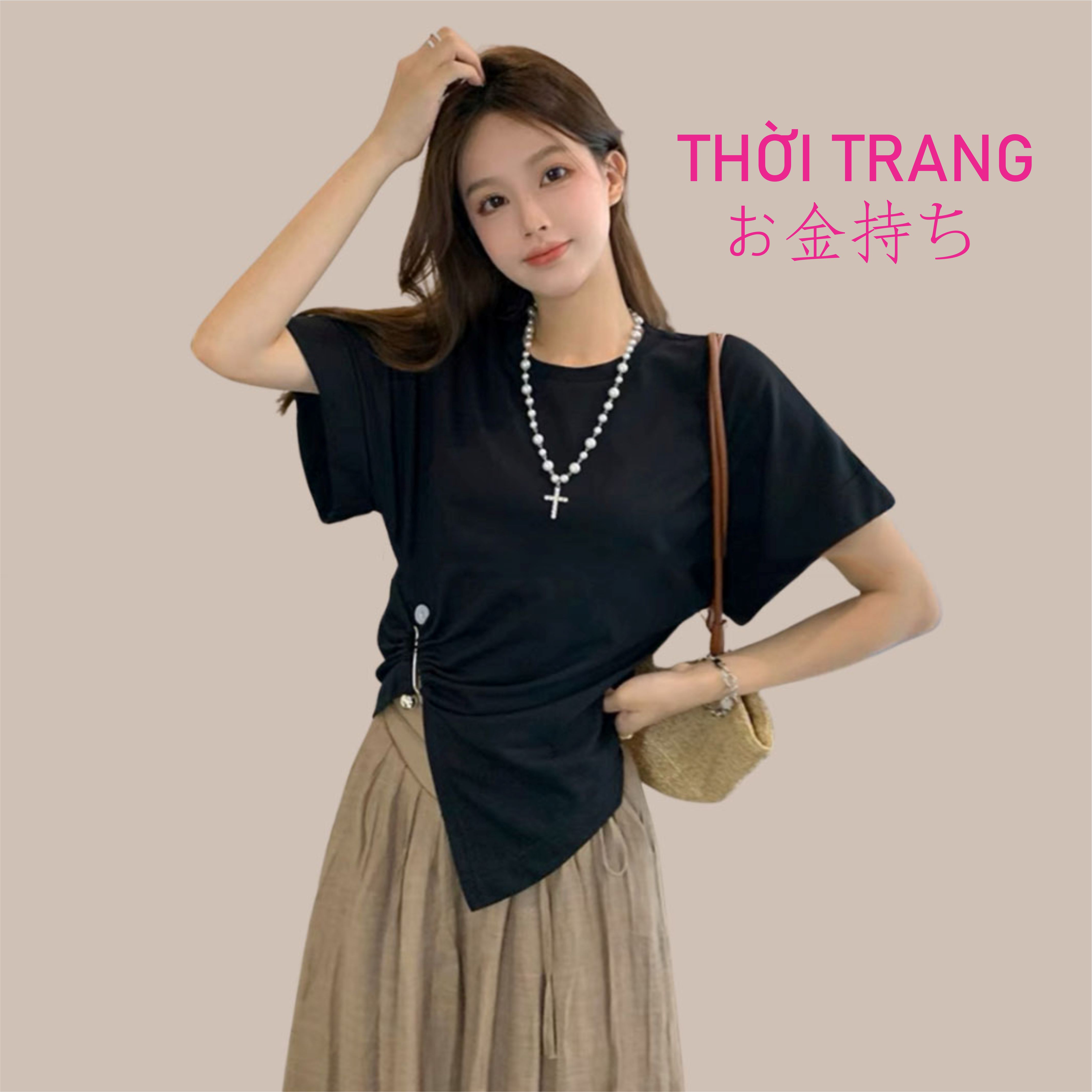 Áo thun nữ おかねもち áo thun trơn cổ tròn tay hến nhún eo đính ngọc