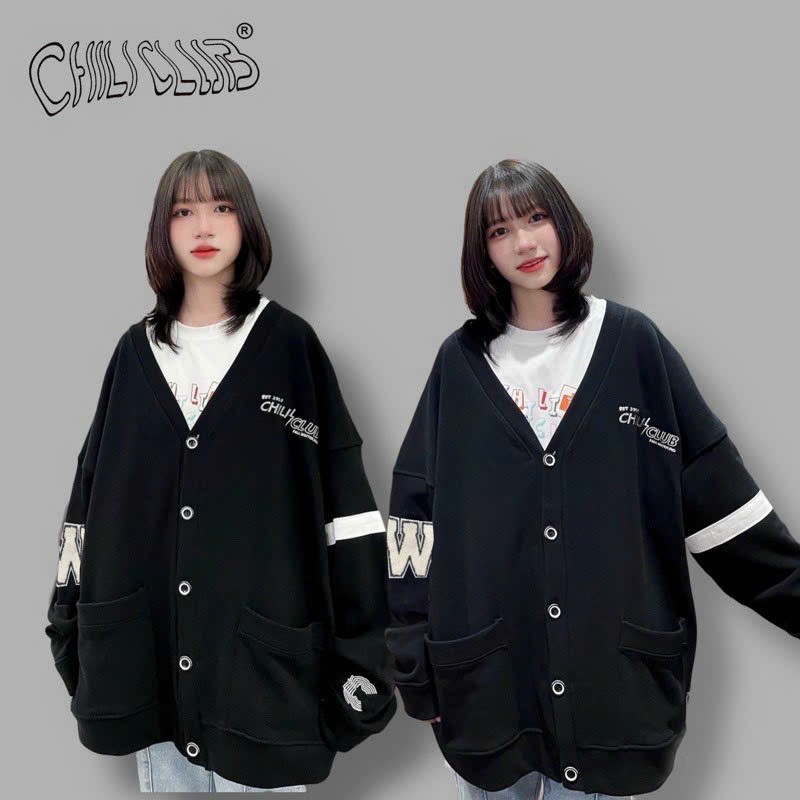 Áo Khoác Cardigan CHILICLUB ( Đen) Hoạ Tiết Sọc, Áo Cardigan Mùa Hè siêu cá tính cực hot Chống Nắng Form Rộng Thêu Chữ siêu dễ thương