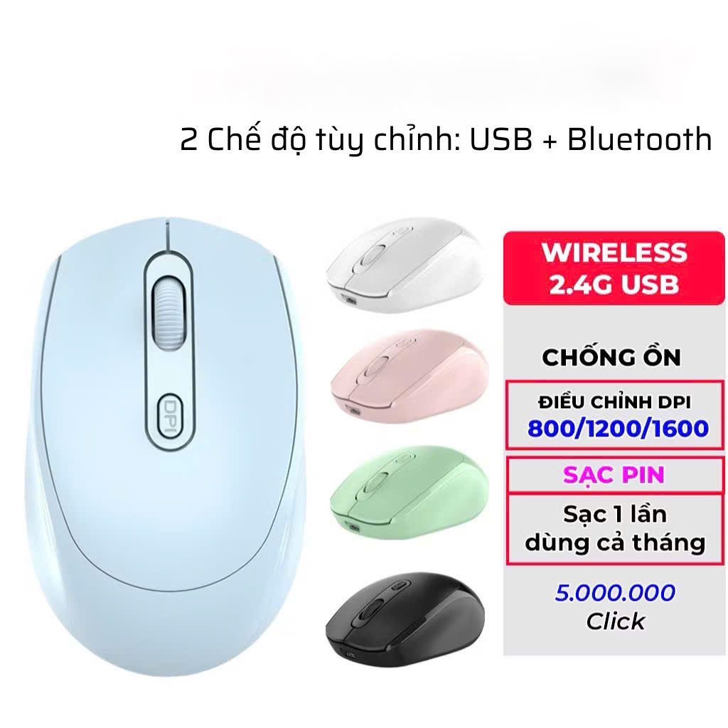 Chuột Không Dây Sạc Pin Click Siêu Tĩnh Âm 2 Chế Độ Bluetooth 5.2 &amp; USB 2.4G, 3 Mức DPI KẾT NỐI ĐIỆN THOẠI IPAD LAPTOP - HÀNG CHÍNH HÃNG