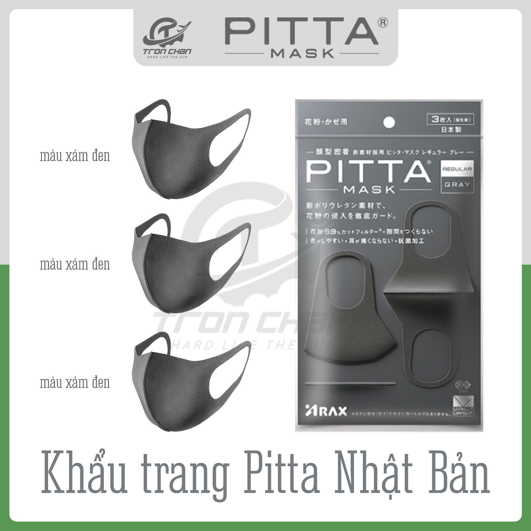 KHẨU TRANG PITTA MÀU GRAY (MÀU XÁM ĐẬM - GÓI 3 CÁI)