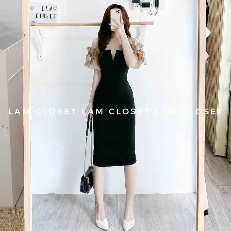 Đầm body umi cổ khoét chữ V phối tay voan cực sang chảnh có mút ngực