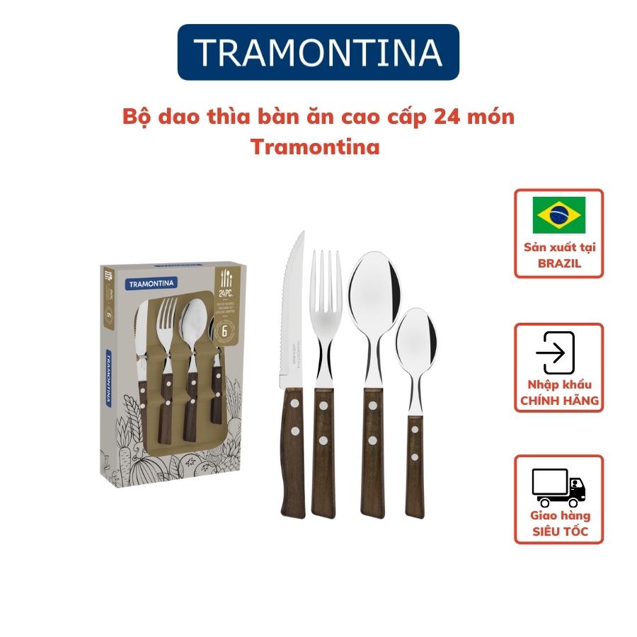Bộ Dao Thìa Dĩa Bàn Ăn Tramontina Cán Gỗ Tự Nhiên 24 Món Thép Không Gỉ Nhập Khẩu Brazil