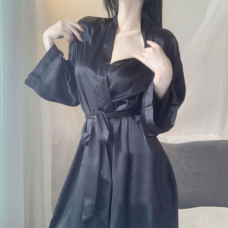 Đầm Ngủ Tay Dài Chất Lụa Thời Trang Xuân Thu Quyến Rũ Cho Nữ