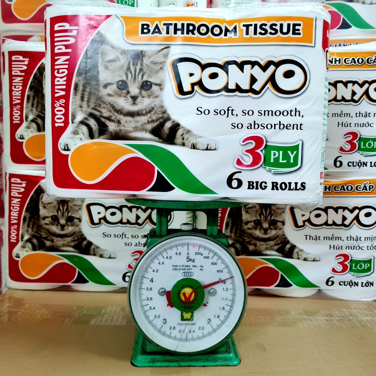Combo (4 lốc) giấy vệ sinh cao cấp PONYO mèo con, 3 lớp dày mềm mịn, gần 1kg/lốc (6 cuộn)