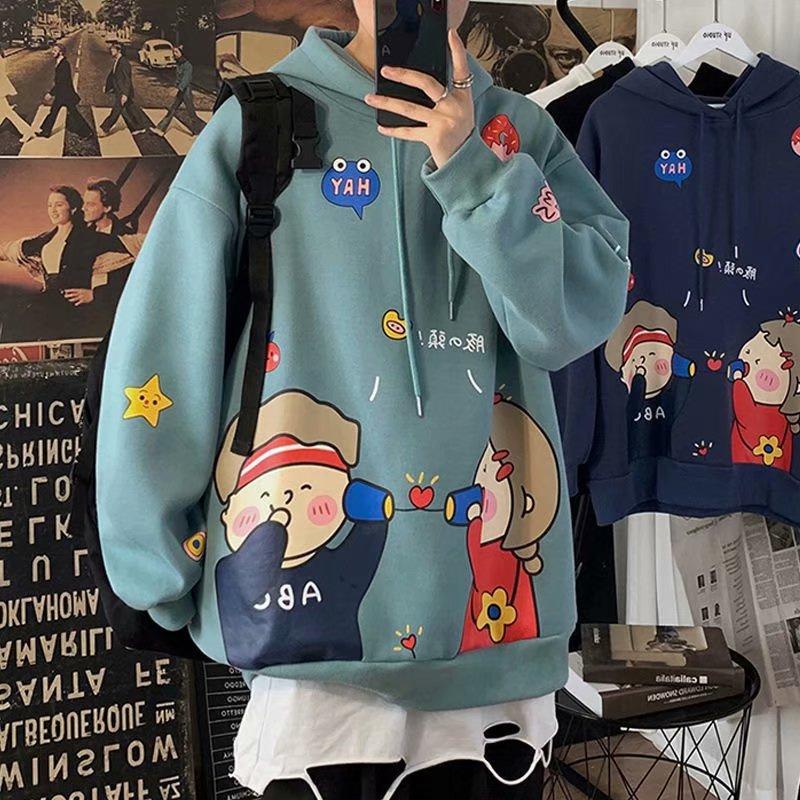 Áo hoodie tay dài dáng rộng in hình hoạt hình gồm 4 màu sắc