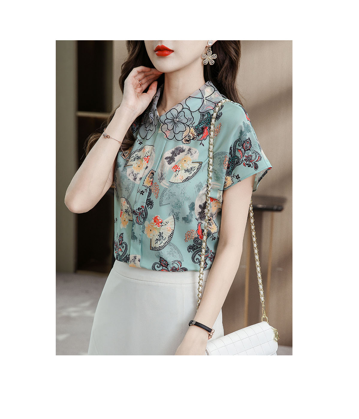 Áo sơ mi voan nữ ngắn tay trên cùng mùa hè mới của Hàn Quốc của phong cách phương Tây mã 2062