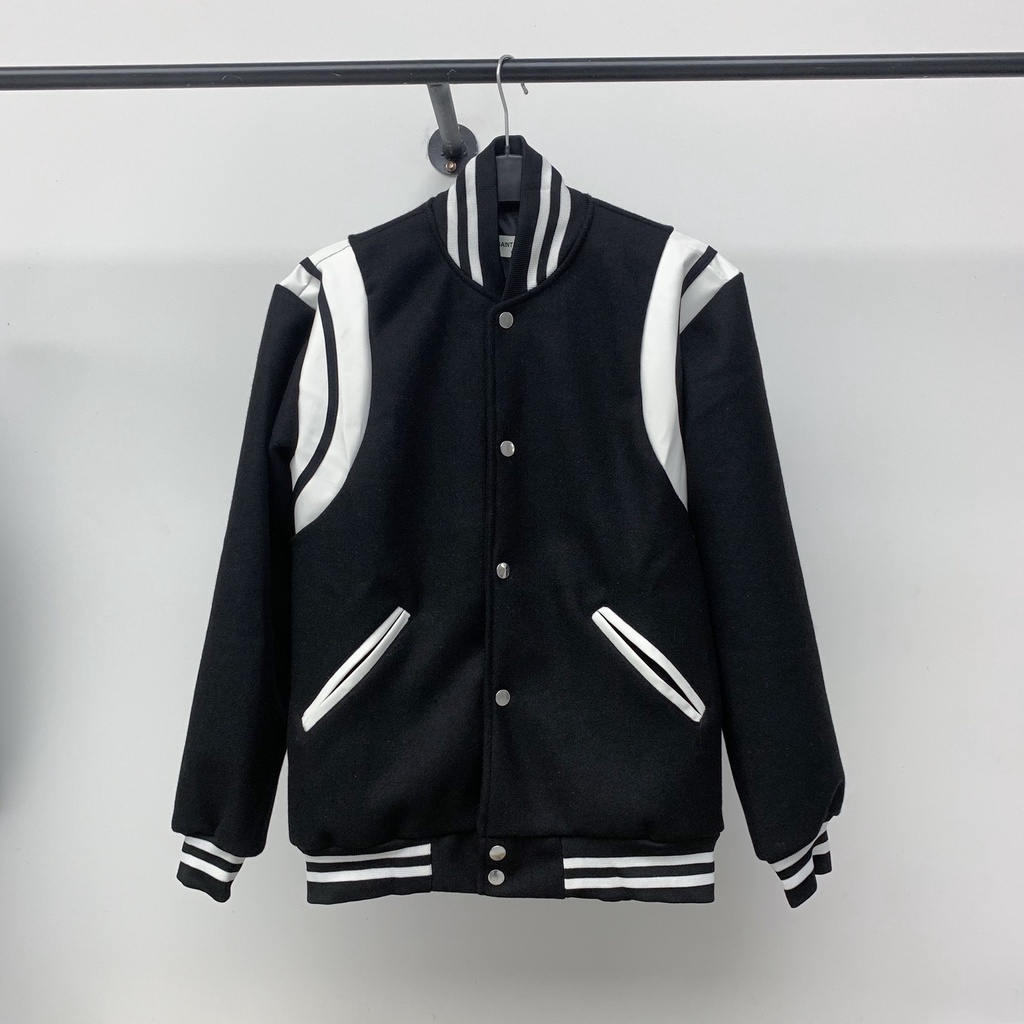 Bomber teddy tay phối da , varsity jacket nam nữ chất dạ 2 lớp , áo khoác bóng chày local brand unisex - Gin Store - M