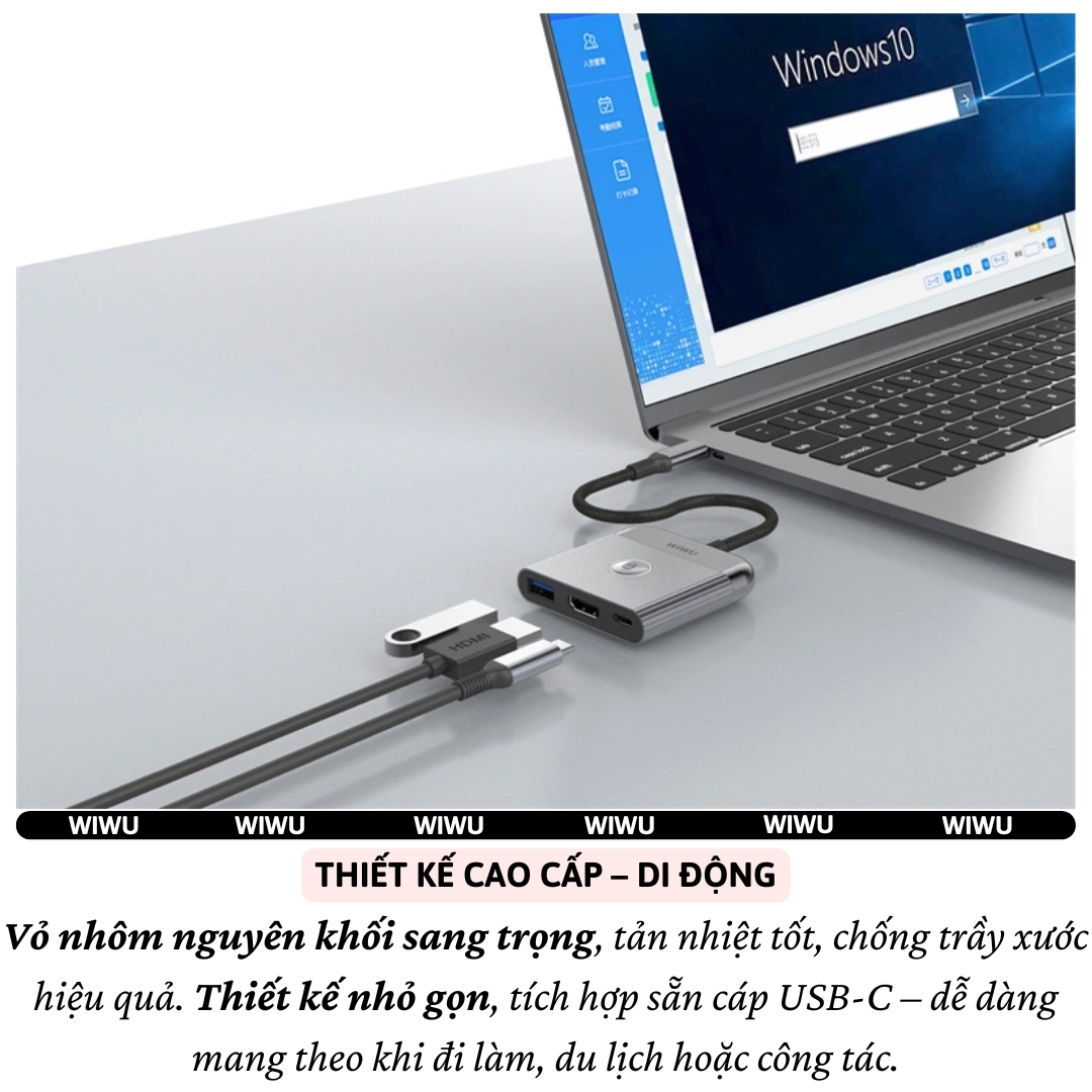 Hub chuyển đổi chia cổng Type-C chia cổng 3in1 HDMI 4K@60Hz + PD 100W Type-C + USB 3.0 hiệu WIWU Travel Docking cho Macbook Laptop cho iPhone - Hợp kim nhôm nguyên khối, KẾT NỐI CHUYÊN NGHIỆP CHO DÂN VĂN PHÒNG &amp; NGƯỜI HAY DI CHUYỂN - Hàng nhập khẩu
