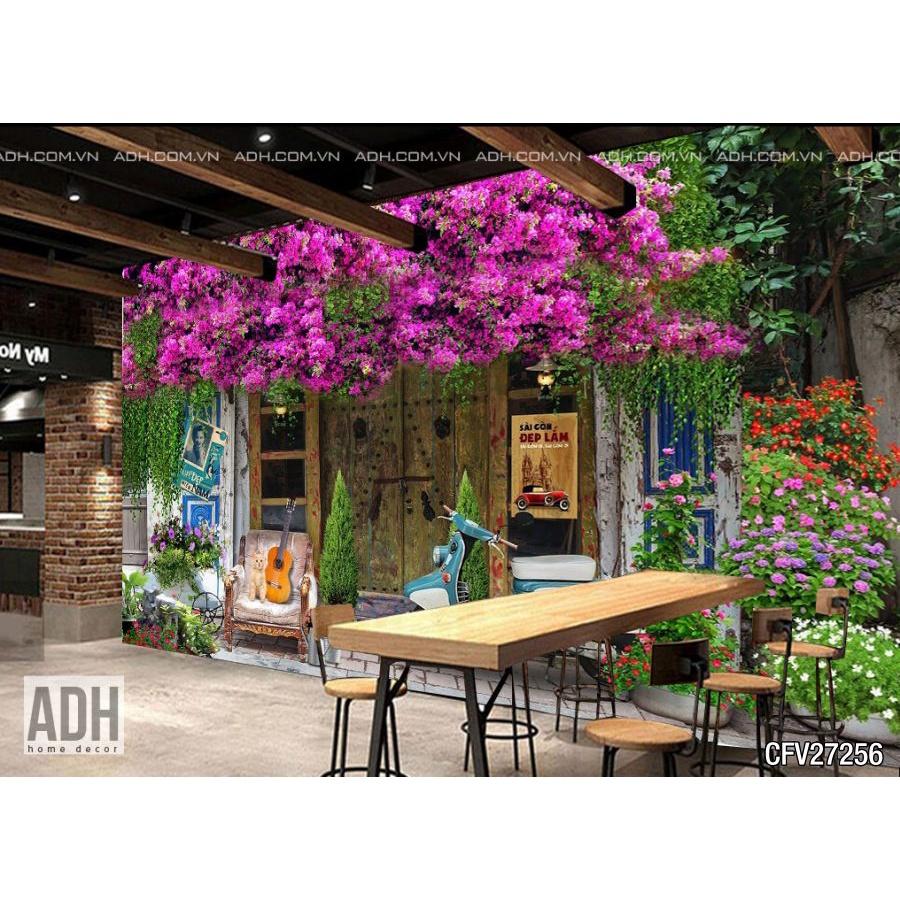 Tranh dán tường giàn hoa giấy quán cafe - trà sữa