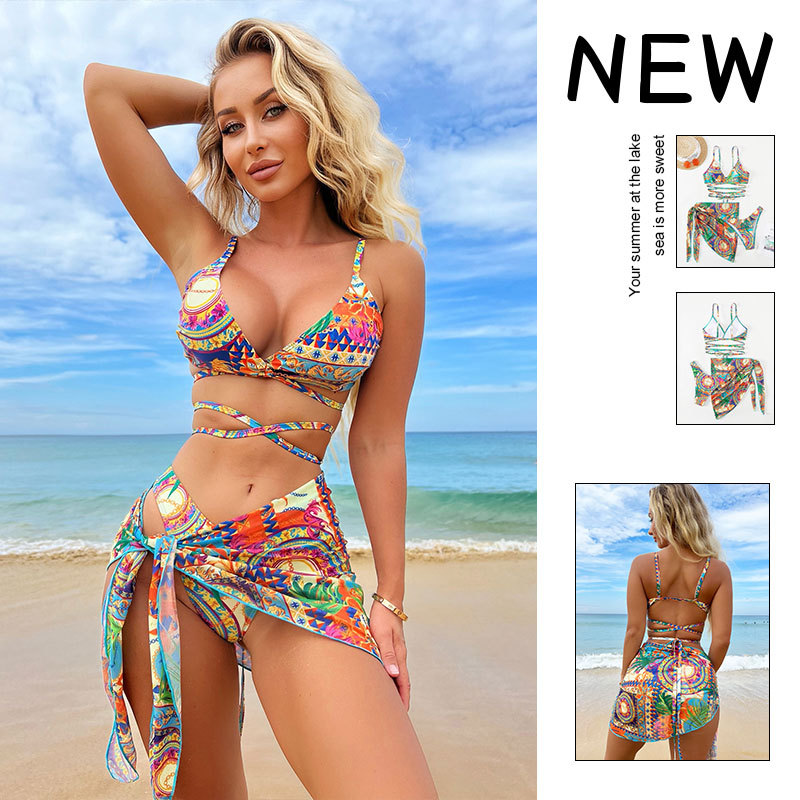 Set bikini vải thổ dân quần nhúng cạp cao che bụng