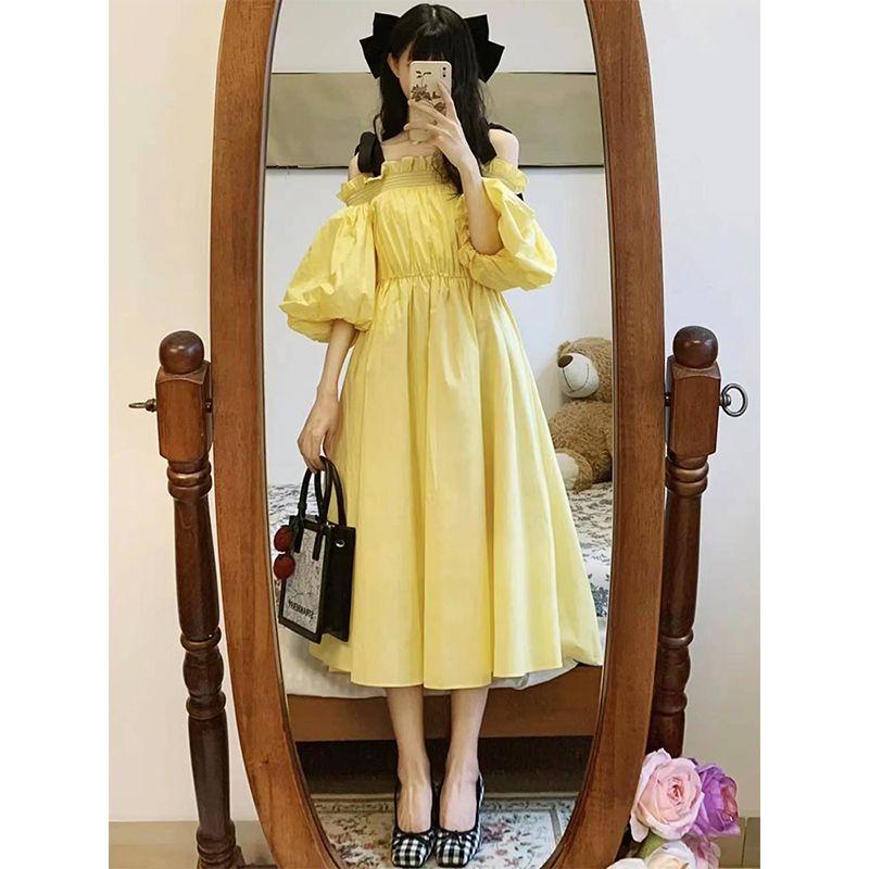 DIYIWEI Phong cách Pháp trà nghỉ công chúa phong siêu tiên khí chất một chữ cổ hở vai đầm nữ sinh mùa hè trung bình dài chữ A váy